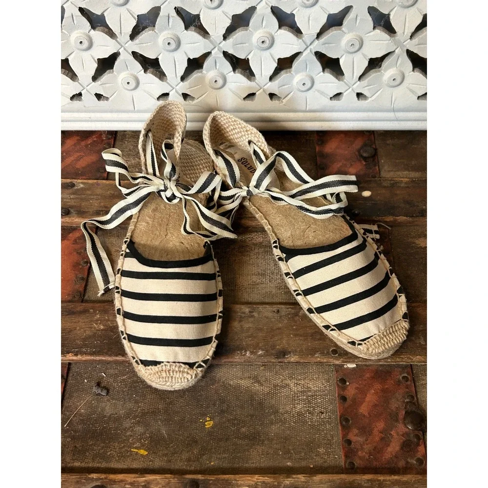 Soludos Womens Striped Lace Up Espadrille Flats Black White Ankle Tie Size 9.5